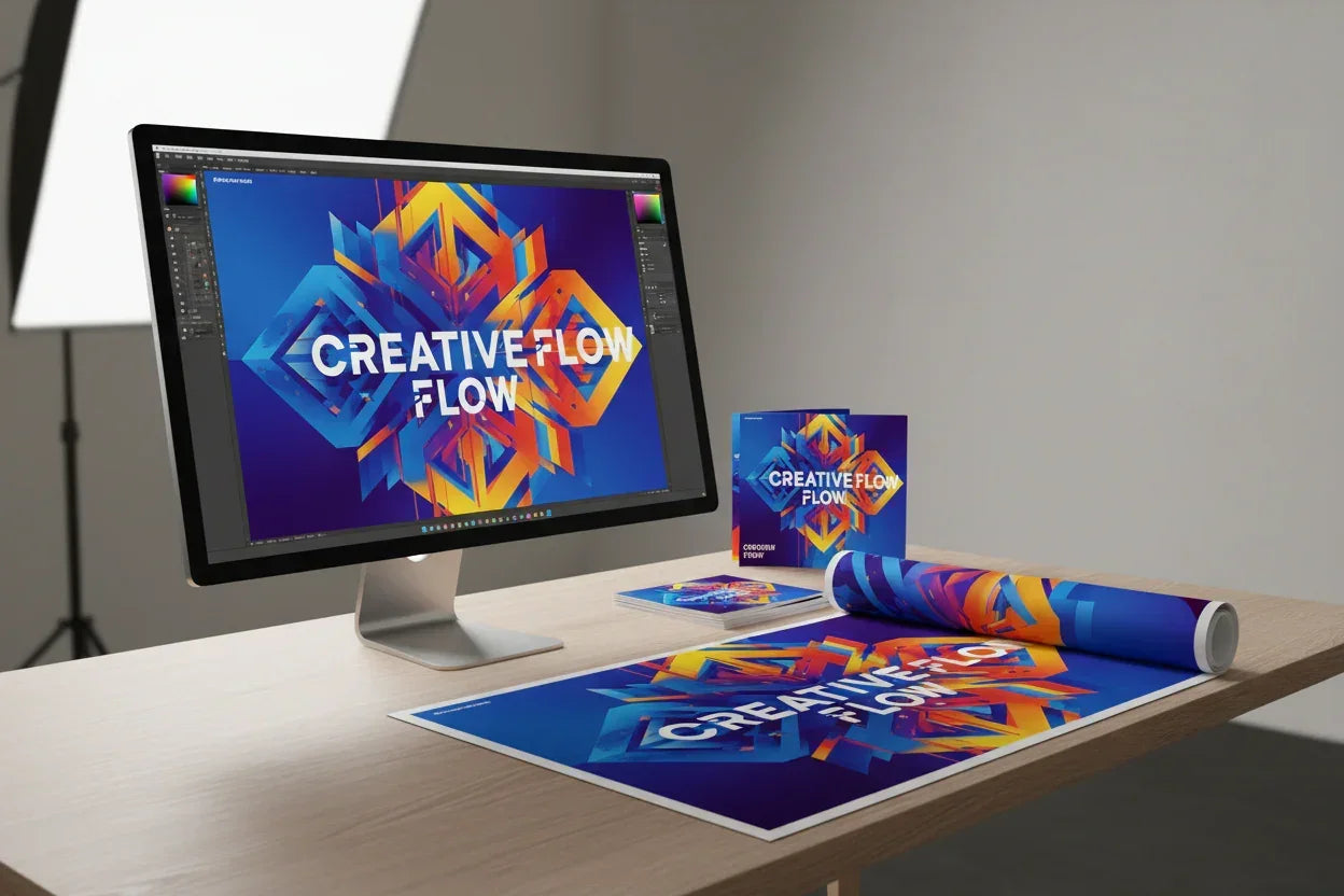 A computer with graphic designs on it and several printed products of that design