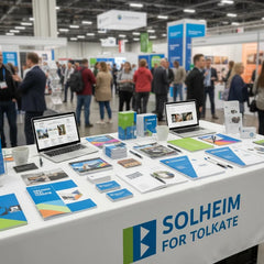 A display of marketing materials in vibrant blue, green and white color combinations at a table in a networking event full of people