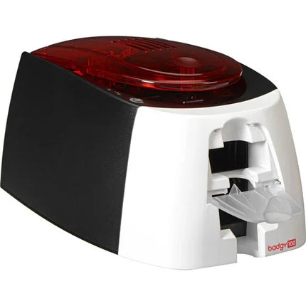 Evolis Badgy100 ID card printer with red transparent lid and white front panel