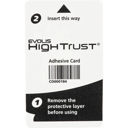 Evolis High Trust adhesive card for ID card printers with usage instructions and barcode.