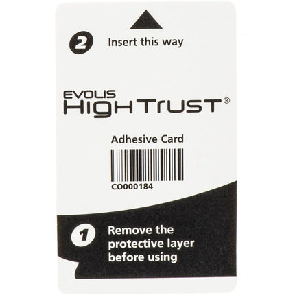 Evolis High Trust adhesive card for ID card printing with barcode and usage instructions.