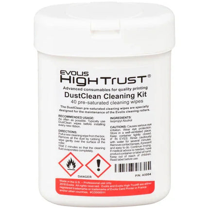 Evolis High Trust DustClean Cleaning Kit container with 40 ID card printer cleaning wipes
