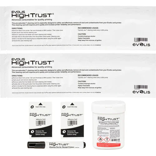 Evolis High Trust printer cleaning kit with wipes, cards, and cleaning pen for ID card printers