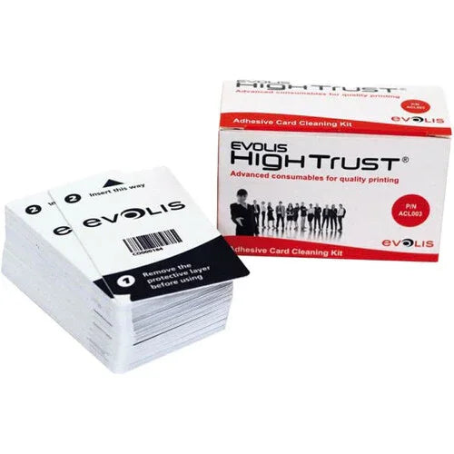 Evolis High Trust adhesive card cleaning kit with stack of individually wrapped cleaning cards