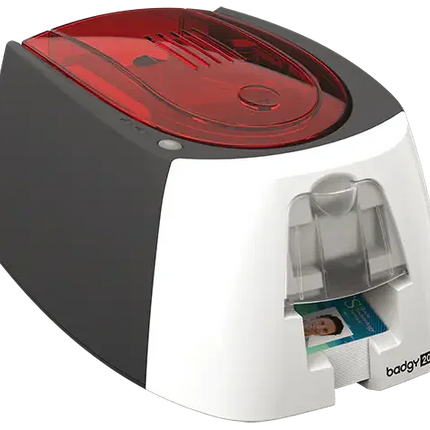 Evolis Badgy200 compact ID card printer with clear output tray and red top cover