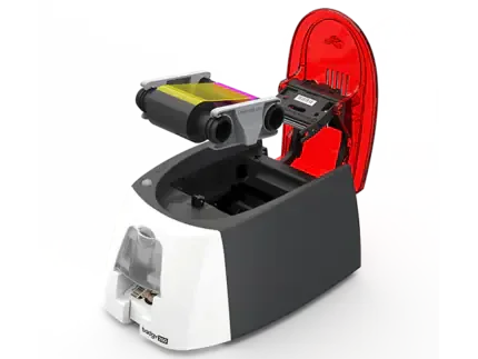 Evolis ID card printer with open red lid and color ribbon for card printing supplies
