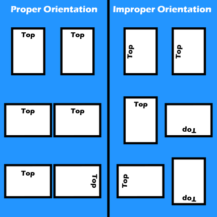 Visual guide comparing proper and improper ID card orientation for printing.