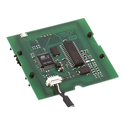 Green dual-encoding circuit board for ID card printers with electronic components and wiring.