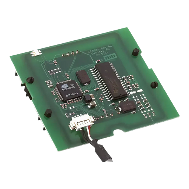 Green dual-encoding circuit board for ID card printers with electronic components and wiring.