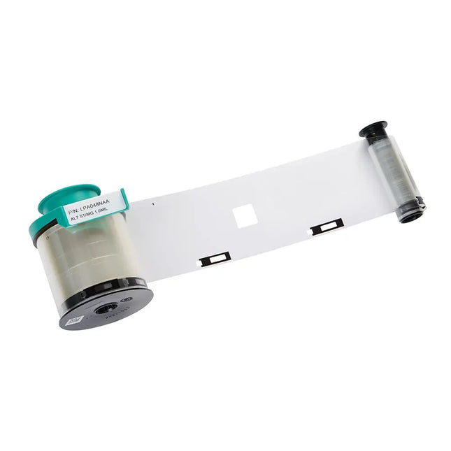 Evolis printer film ribbon for ID card printing, clear plastic cartridge on white background