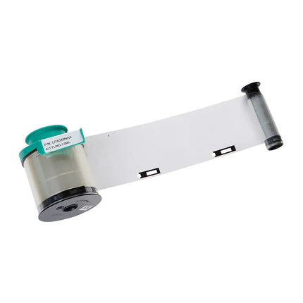 Clear printer film ribbon cartridge for Evolis ID card printer, isolated on white background.