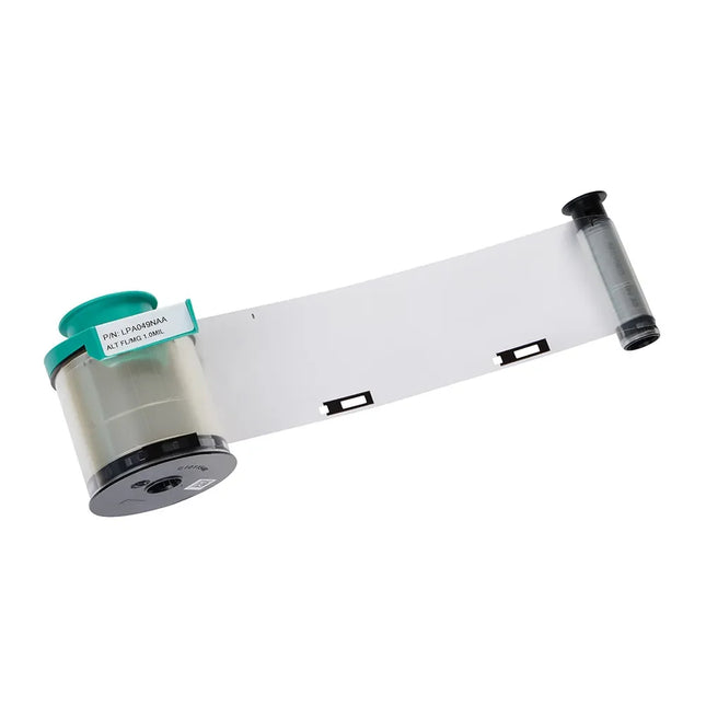 Clear printer film ribbon cartridge for Evolis ID card printer, isolated on white background.