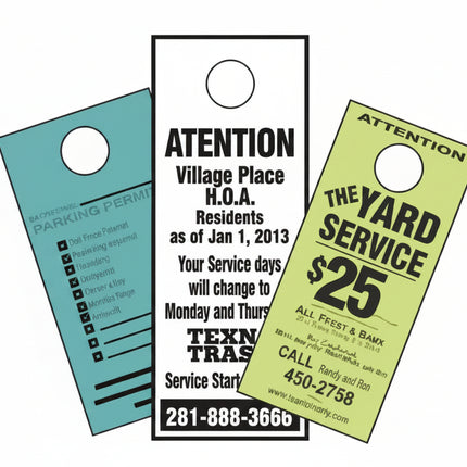 Custom printed door hangers for parking permits, service notices, and yard service ads