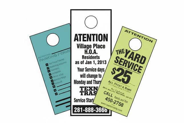 Custom printed door hangers for parking permits, service notices, and yard service ads