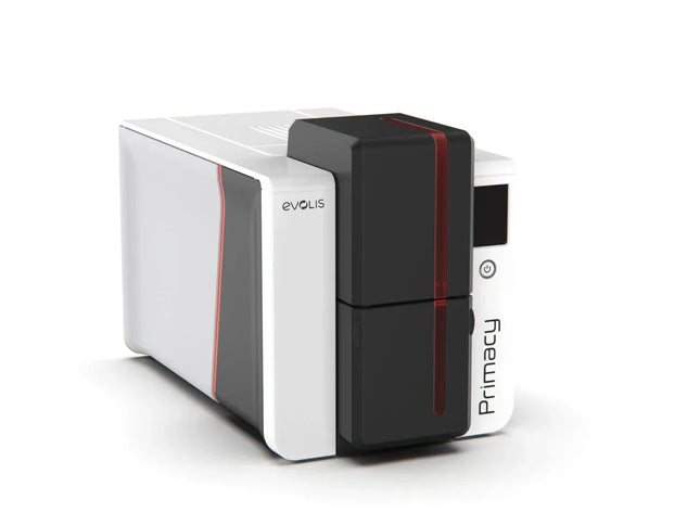 Evolis Primacy ID card printer with black, white, and red design on a white background