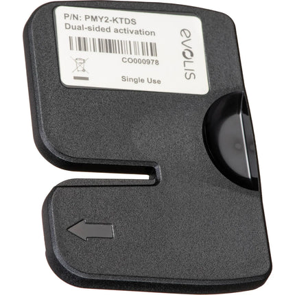 Evolis dual-sided activation card, black plastic with barcode and arrow, printer supply