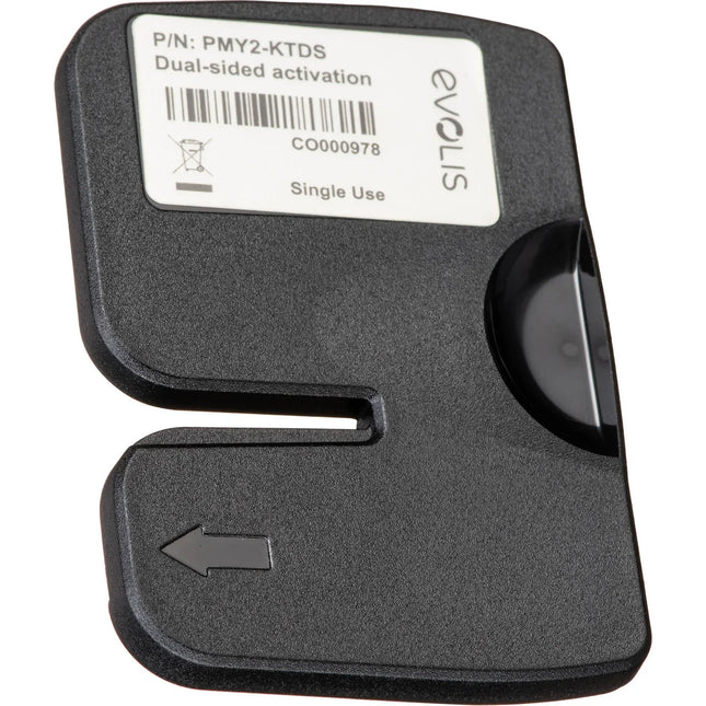 Evolis dual-sided activation card, black plastic with barcode and arrow, printer supply