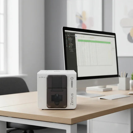 Evolis Zenius ID card printer on modern office desk beside computer and plant