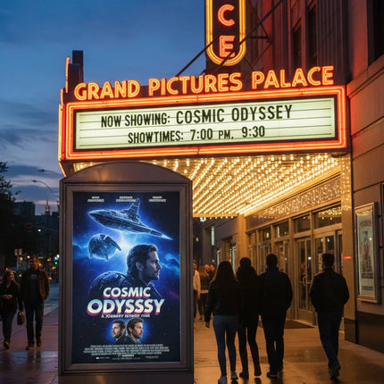 27x40 movie poster for 'Cosmic Odyssey' displayed outside theater as people enter for screening