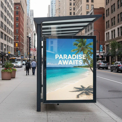 40x60 poster with beach and palm trees displayed at a bus stop on a city street