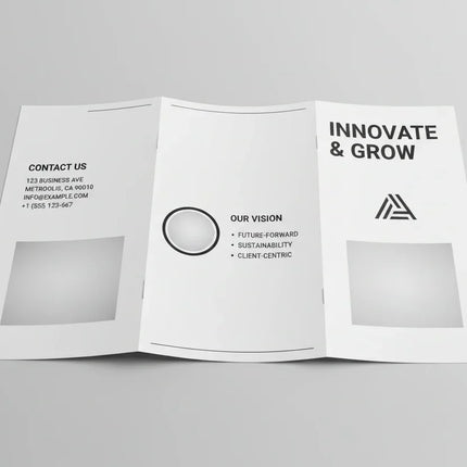 Black and white trifold brochure mockup with modern business design and contact details.