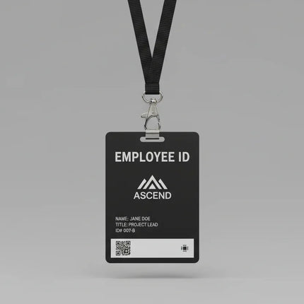 Black plastic employee ID card with white text on a black lanyard and metal clasp