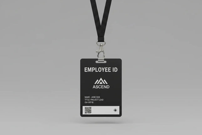 Black plastic employee ID card with white text on a black lanyard and metal clasp