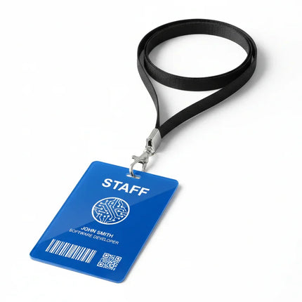 Blue PVC staff ID badge with white text and barcode on a black lanyard, metal clasp