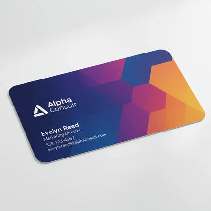 Colorful custom business card with rounded corners on white background, modern geometric design