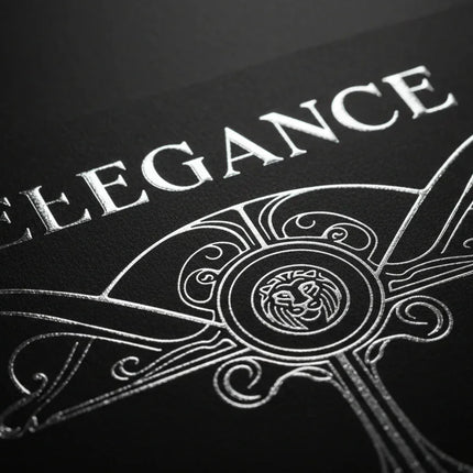 [AI] Elegance custom print design with lion emblem and ornate swirls on black background