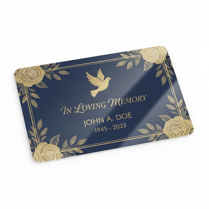 [AI] In Loving Memory memorial card with gold dove, roses, and navy background for funeral remembrance
