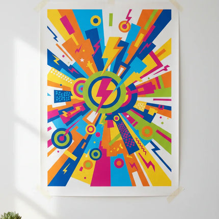 [AI] Colorful abstract poster with lightning bolt design on unframed paper, taped to a white wall.