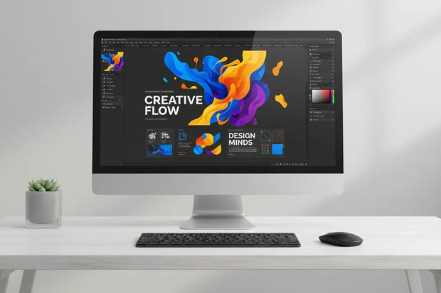 Creative flow design software on desktop with vibrant abstract graphics and design tools