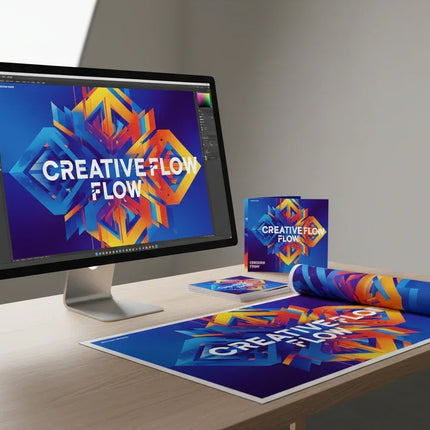 Creative Flow design on monitor, posters, and print materials for custom print services