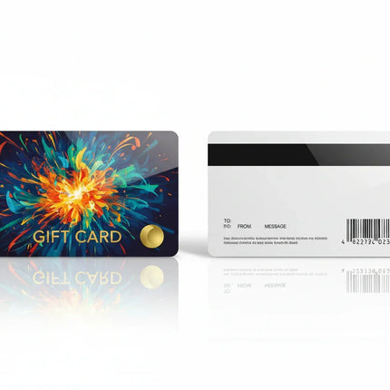Colorful plastic gift card with abstract design, magnetic stripe, and barcode on back.