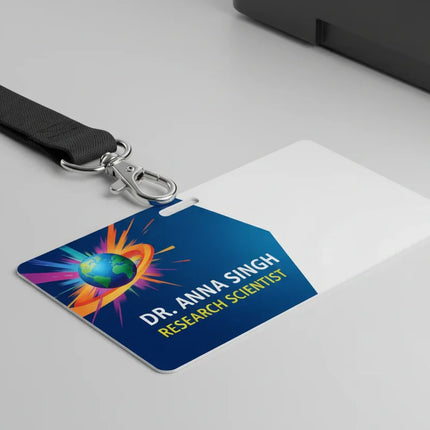 Color printed plastic ID card with black lanyard and metal clasp on a desk