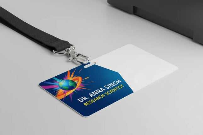 Color printed plastic ID card with black lanyard and metal clasp on a desk