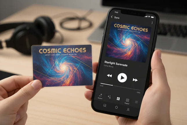 Plastic ID card with cosmic album artwork held next to smartphone showing same music track