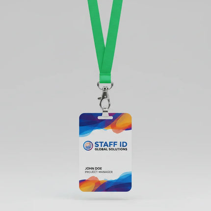 Custom plastic ID card with color printing on green lanyard and metal clasp
