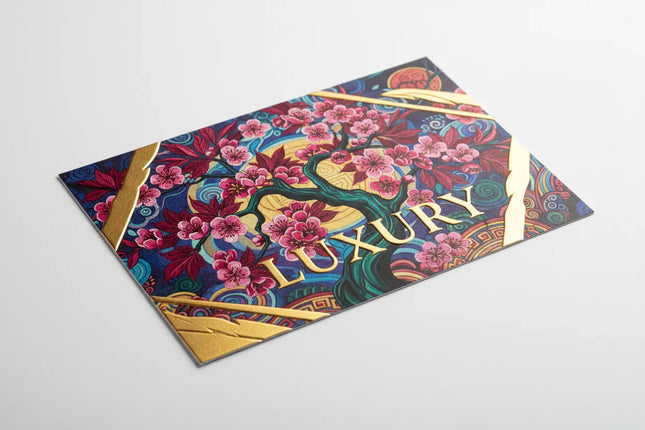 [AI] Luxury floral design card with gold accents and cherry blossoms