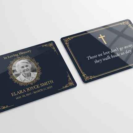 [AI] Custom memorial card with photo, gold frame, and tribute text for funeral remembrance