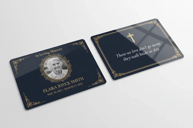 [AI] Custom memorial card with photo, gold frame, and tribute text for funeral remembrance