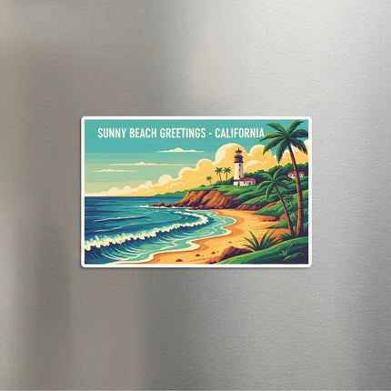 Sunny Beach Greetings California magnet with lighthouse, palm trees, and ocean waves on fridge