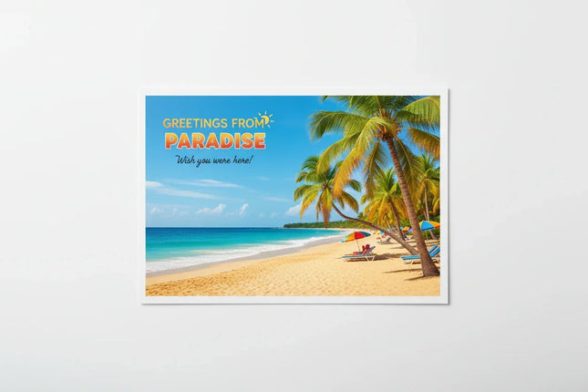 Tropical beach postcard with palm trees, colorful umbrellas, and 'Greetings from Paradise' text.