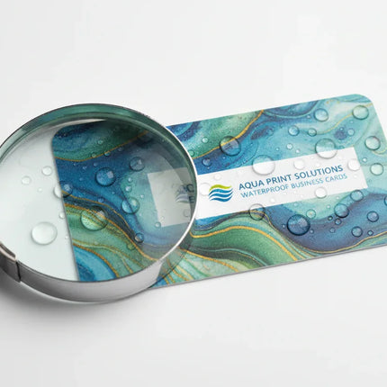 Waterproof synthetic business card with rounded corners, water droplets, and magnifier