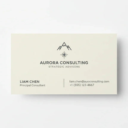 Single-color business card on matte cardstock with minimalist text and mountain logo on white background