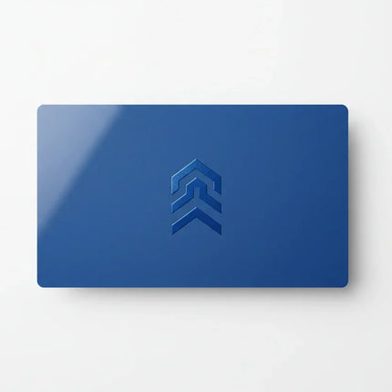Blue rectangular business card with spot UV glossy logo on white background