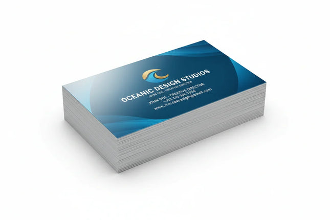 Stack of thick color printed business cards with glossy UV coating on white background