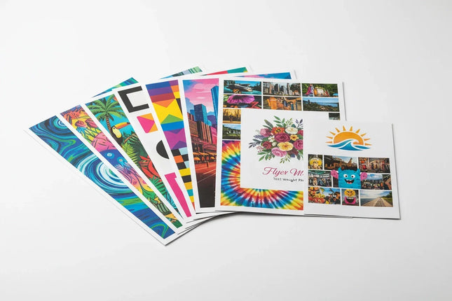 Stack of colorful 8.5x11 flyers and one 5x7 flyer on text-weight paper, white background