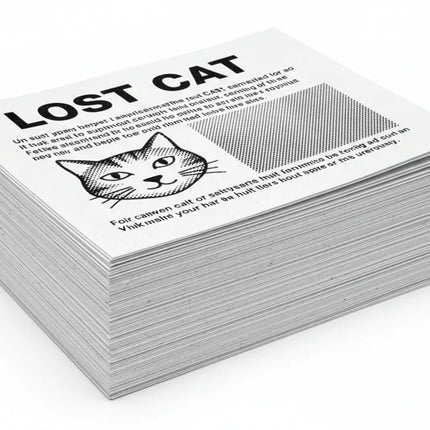Stack of black and white custom print flyers on white background, featuring cat illustration.